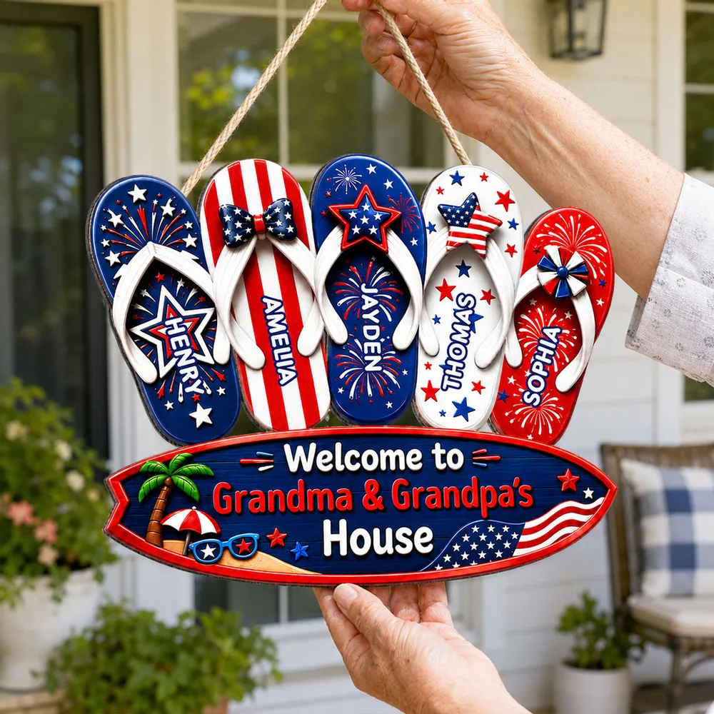 Welcome To Grandma Grandpa House Summer America 250th Anniversary - Personalized Wood Sign - Gift For Grandparents, 4th of July Decoration