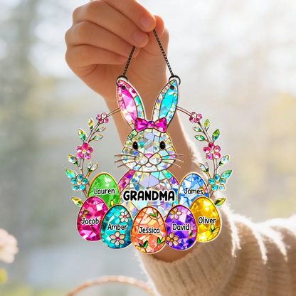 Personalized GRANDMA Easter Bunny Stained Glass Suncatcher – Custom Family Names with Colorful Eggs, Perfect Easter Gift