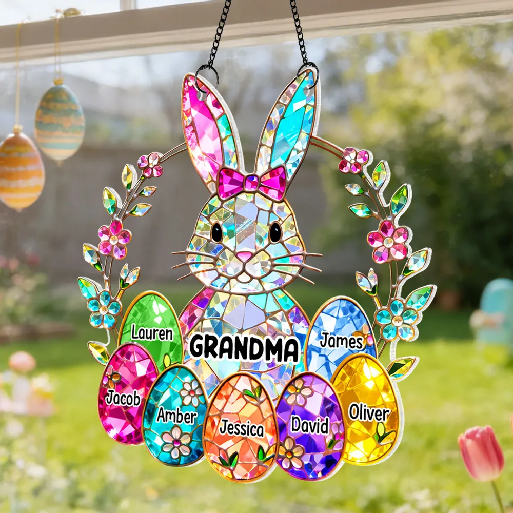 Personalized GRANDMA Easter Bunny Stained Glass Suncatcher – Custom Family Names with Colorful Eggs, Perfect Easter Gift