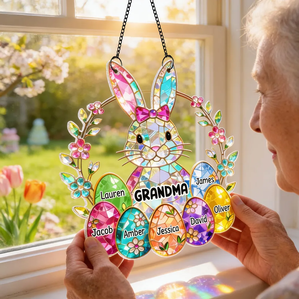 Personalized GRANDMA Easter Bunny Stained Glass Suncatcher – Custom Family Names with Colorful Eggs, Perfect Easter Gift