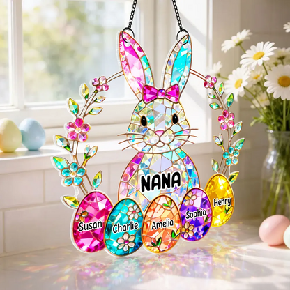 Personalized GRANDMA Easter Bunny Stained Glass Suncatcher – Custom Family Names with Colorful Eggs, Perfect Easter Gift
