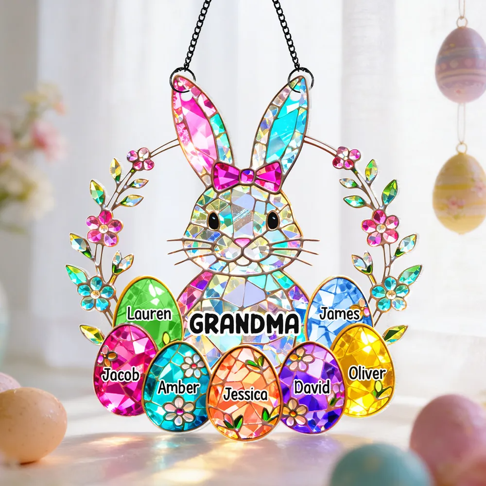 Personalized GRANDMA Easter Bunny Stained Glass Suncatcher – Custom Family Names with Colorful Eggs, Perfect Easter Gift