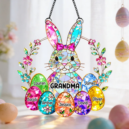 Personalized GRANDMA Easter Bunny Stained Glass Suncatcher – Custom Family Names with Colorful Eggs, Perfect Easter Gift