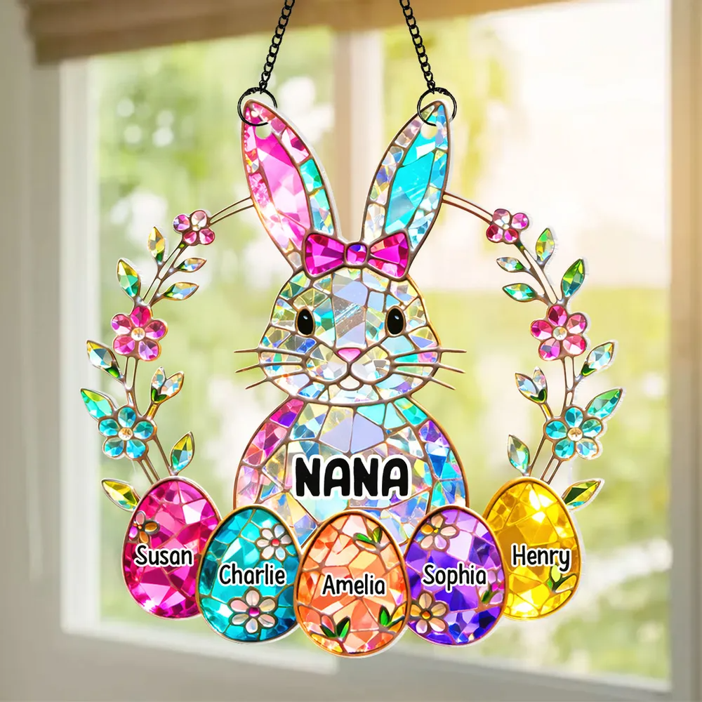 Personalized GRANDMA Easter Bunny Stained Glass Suncatcher – Custom Family Names with Colorful Eggs, Perfect Easter Gift