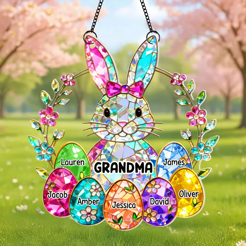 Personalized GRANDMA Easter Bunny Stained Glass Suncatcher – Custom Family Names with Colorful Eggs, Perfect Easter Gift
