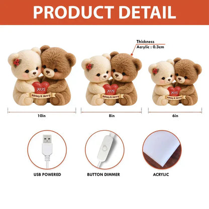 Personalized Couple Bear LED Lamp with Names and Year, Romantic Gift for Anniversary Wedding Valentine