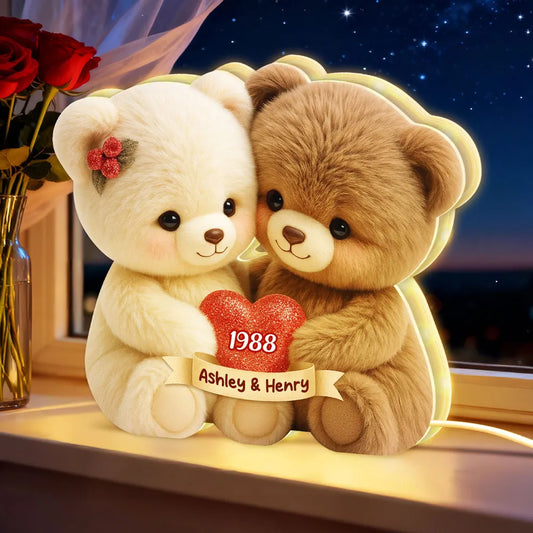 Personalized Couple Bear LED Lamp with Names and Year, Romantic Gift for Anniversary Wedding Valentine