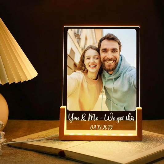 Personalized Couple Photo Acrylic Plaque with LED Wooden Base, Romantic Memory Keepsake Display