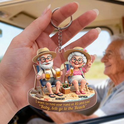 Personalized Elderly Couple Beach Keychain With Names, Funny Grandparents Custom Keepsake Ornament