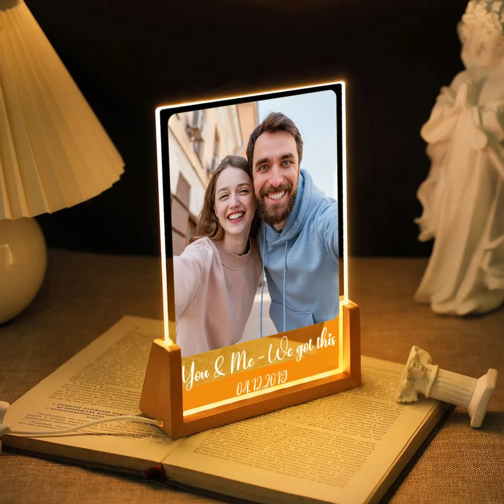 Personalized Couple Photo Acrylic Plaque with LED Wooden Base, Romantic Memory Keepsake Display