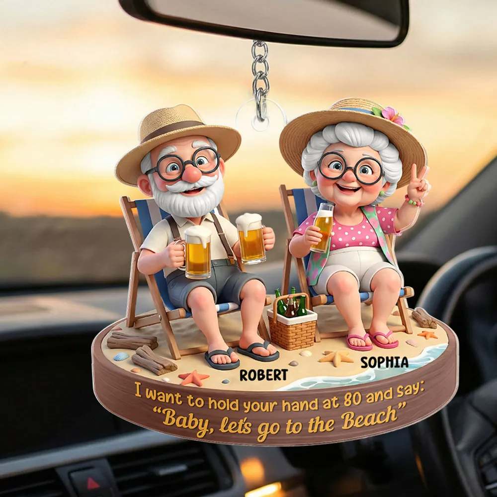 Personalized Elderly Couple Beach Keychain With Names, Funny Grandparents Custom Keepsake Ornament
