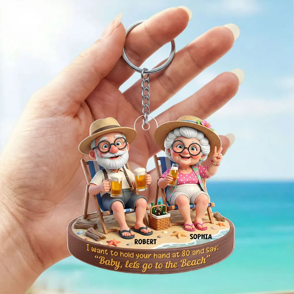 Personalized Elderly Couple Beach Keychain With Names, Funny Grandparents Custom Keepsake Ornament