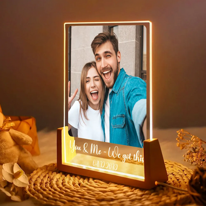 Personalized Couple Photo Acrylic Plaque with LED Wooden Base, Romantic Memory Keepsake Display