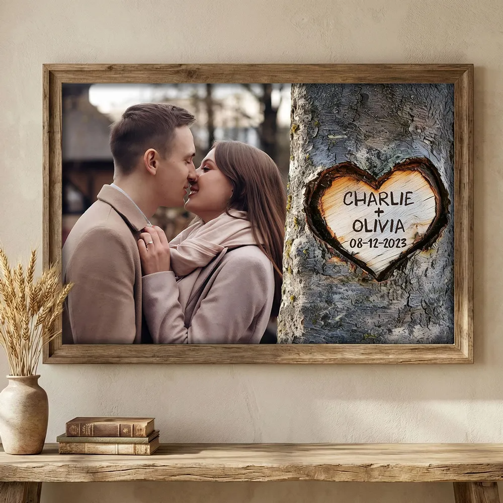 Personalized Couple Photo Wall Art With Names And Date, Romantic Love Home Decor Canvas