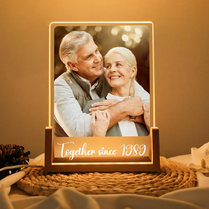 Personalized Couple Photo Acrylic Plaque with LED Wooden Base, Romantic Memory Keepsake Display