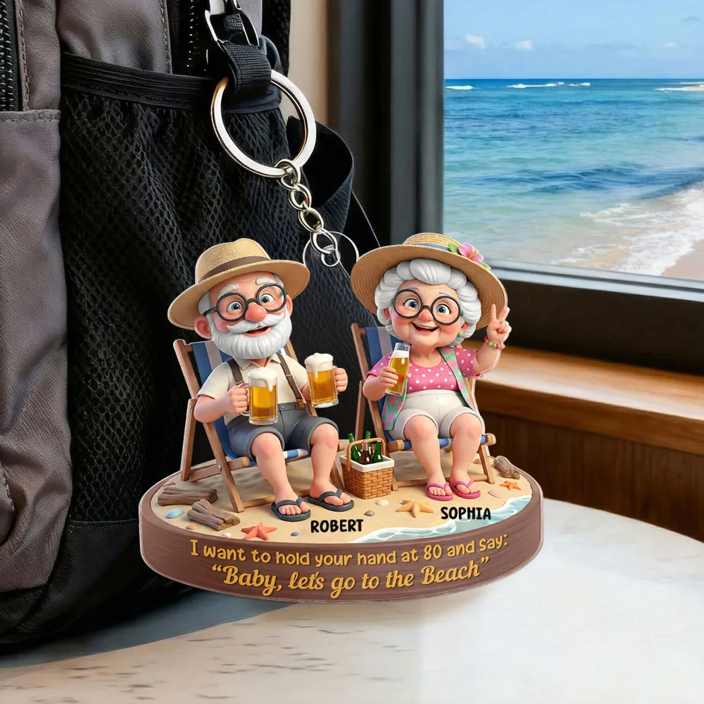 Personalized Elderly Couple Beach Keychain With Names, Funny Grandparents Custom Keepsake Ornament