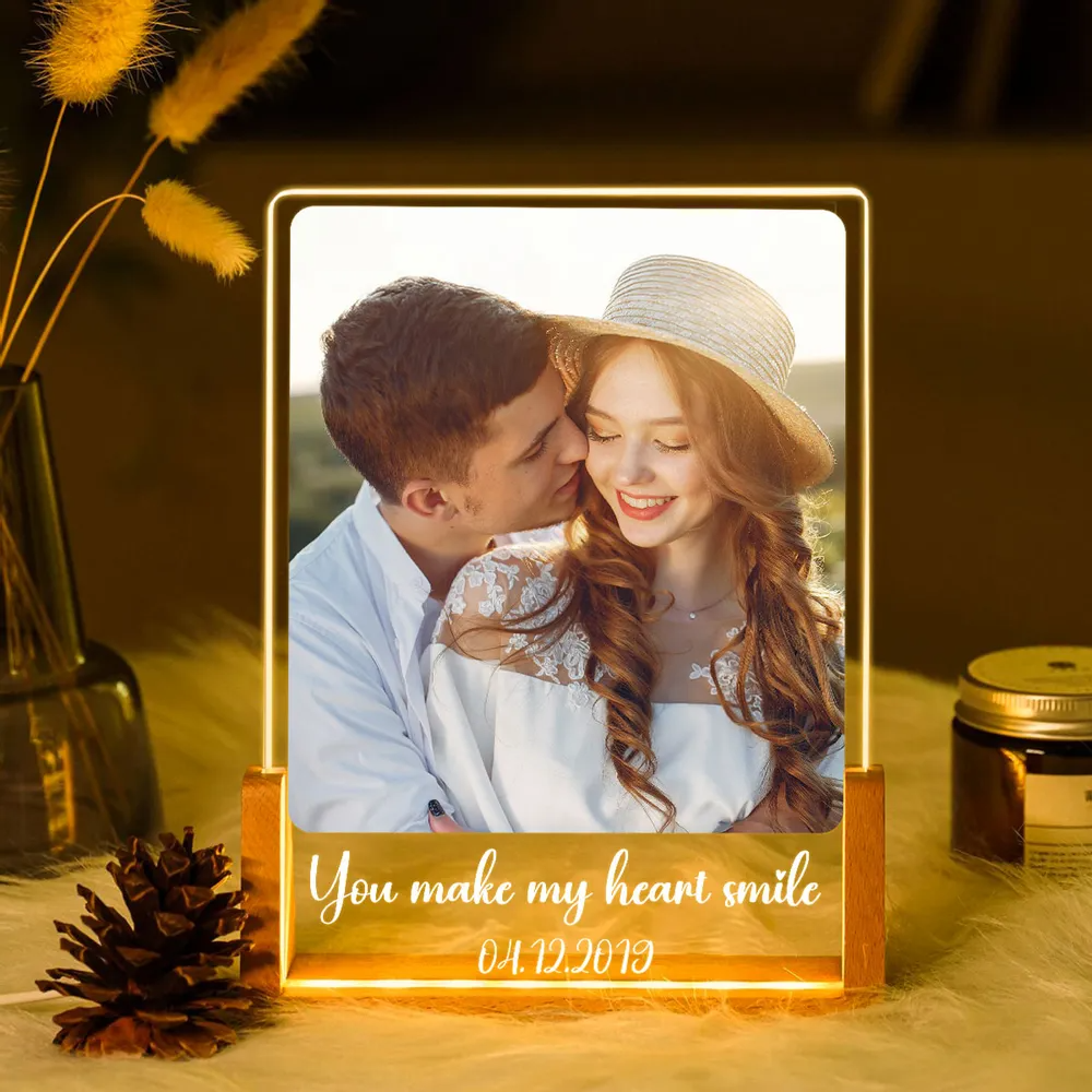Personalized Couple Photo Acrylic Plaque with LED Wooden Base, Romantic Memory Keepsake Display