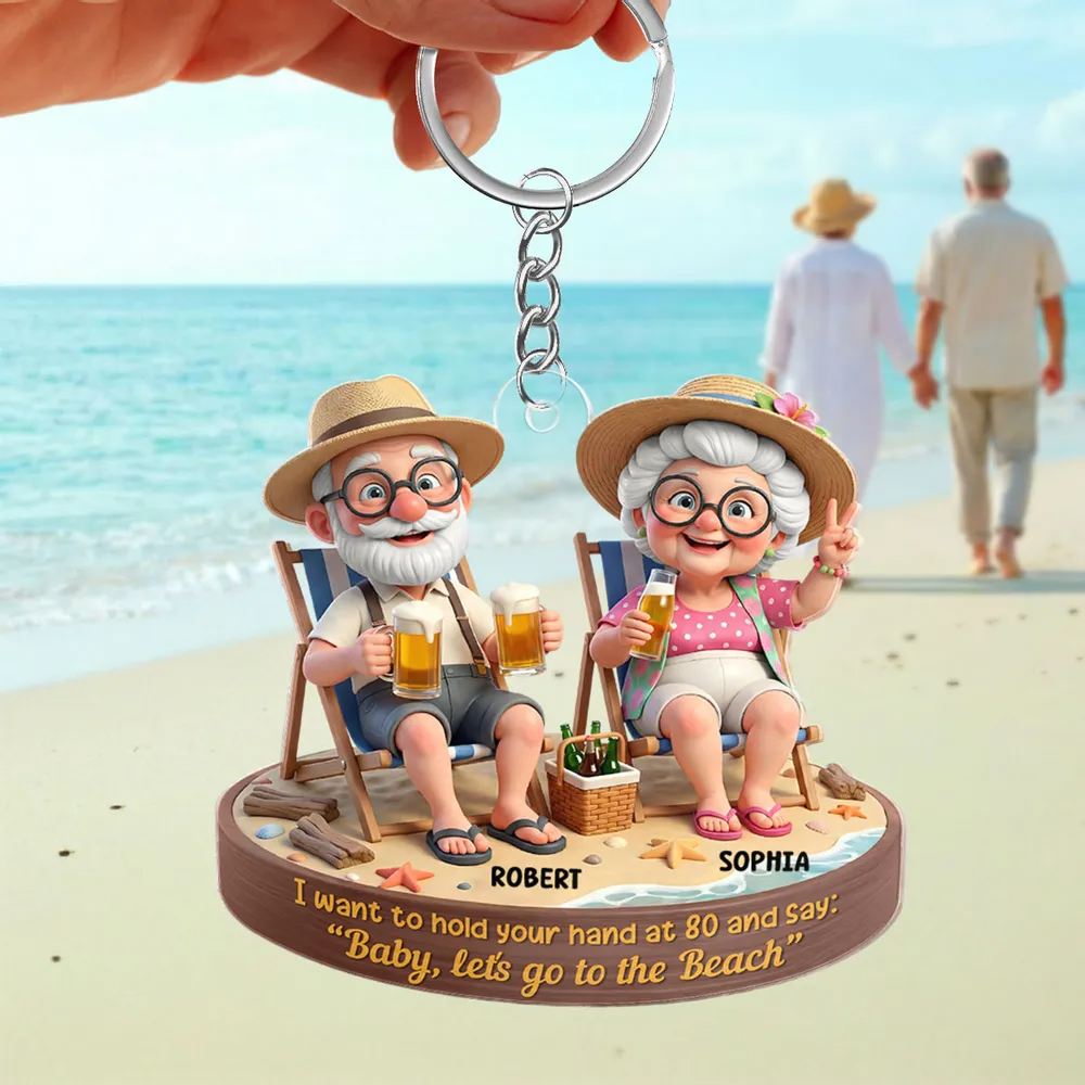Personalized Elderly Couple Beach Keychain With Names, Funny Grandparents Custom Keepsake Ornament