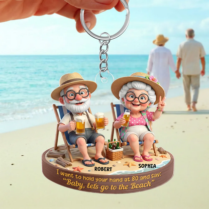 Personalized Elderly Couple Beach Keychain With Names, Funny Grandparents Custom Keepsake Ornament