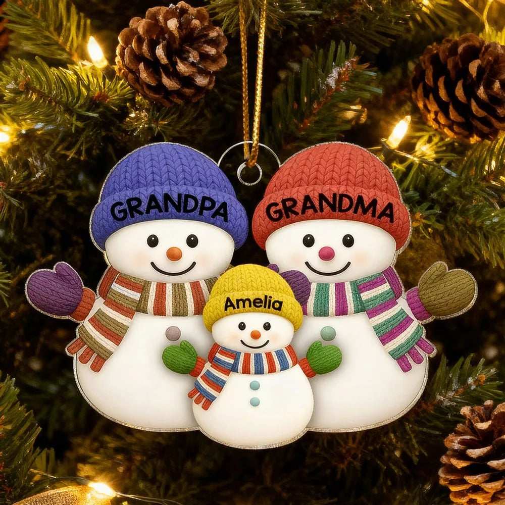 Christmas Grandma Grandpa And Grandkid Snowman Together - Personalized Acrylic Ornament