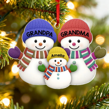 Christmas Grandma Grandpa And Grandkid Snowman Together - Personalized Acrylic Ornament