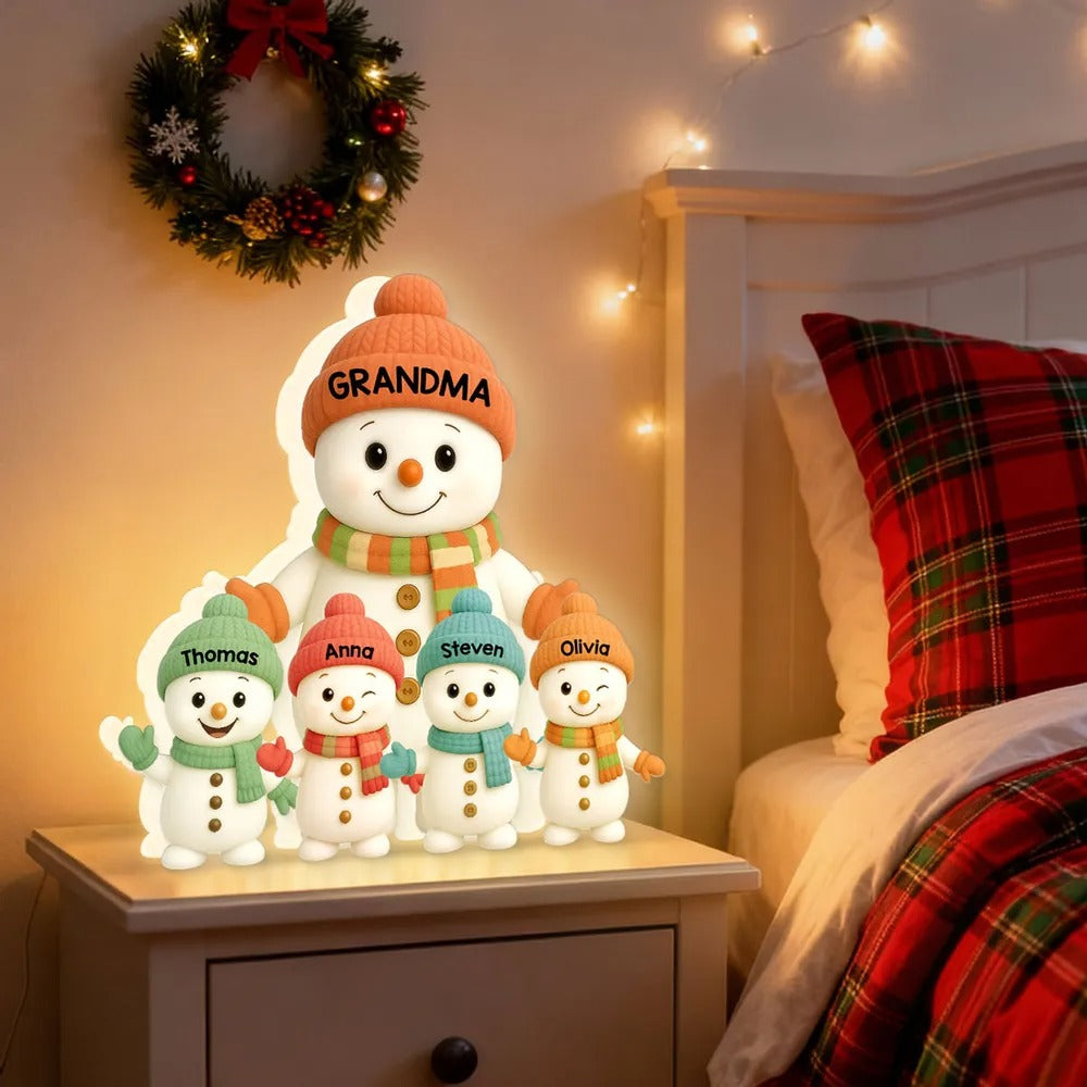 Personalized Snowman Family Light – Custom Christmas Lamp Gift For Grandma And Grandkids Names Light Box