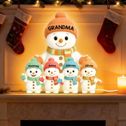 Personalized Snowman Family Light – Custom Christmas Lamp Gift For Grandma And Grandkids Names Light Box