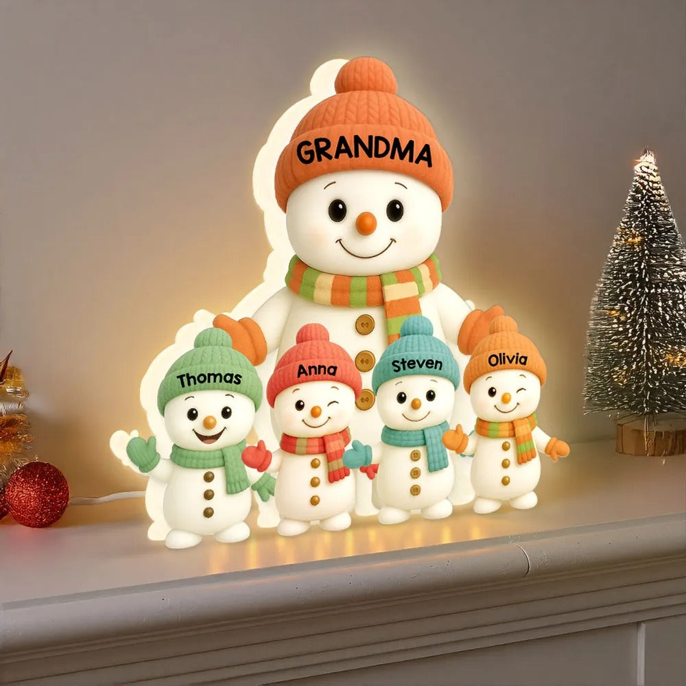 Personalized Snowman Family Light – Custom Christmas Lamp Gift For Grandma And Grandkids Names Light Box