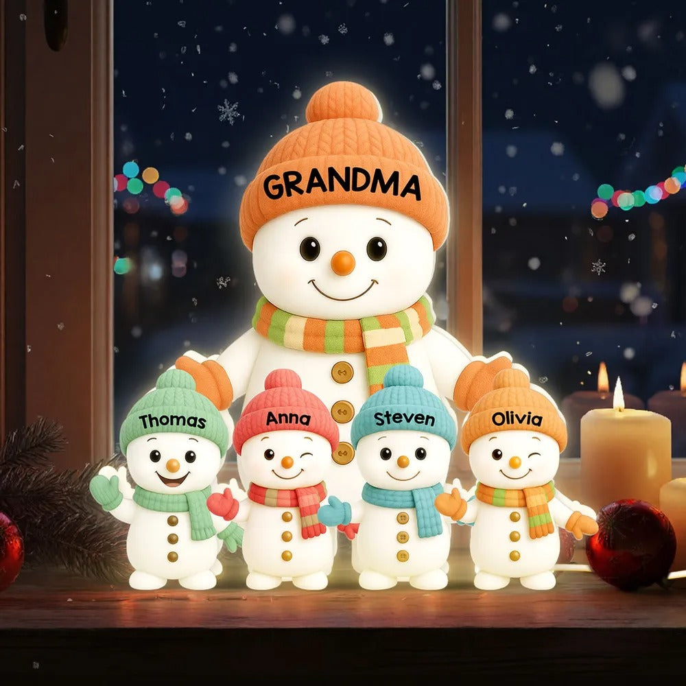 Personalized Snowman Family Light – Custom Christmas Lamp Gift For Grandma And Grandkids Names Light Box