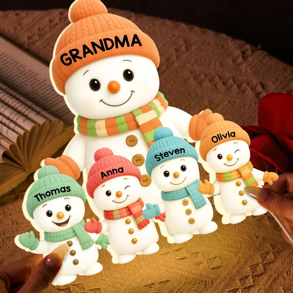 Personalized Snowman Family Light – Custom Christmas Lamp Gift For Grandma And Grandkids Names Light Box