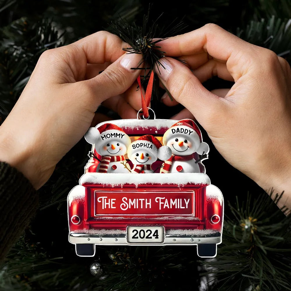 Personalized Snowman Family Acrylic Christmas Ornament, Red Truck Custom Name Ornament