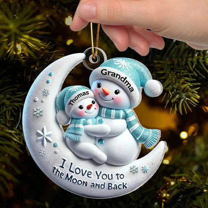 Snowman Grandma & Hugging Grandkid On The Moon Personalized Acrylic Ornament, Christmas Gift For Granddaughter, Grandson Ornament