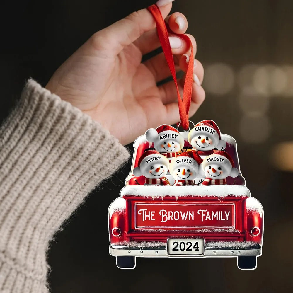 Personalized Snowman Family Acrylic Christmas Ornament, Red Truck Custom Name Ornament