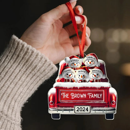 Personalized Snowman Family Acrylic Christmas Ornament, Red Truck Custom Name Ornament