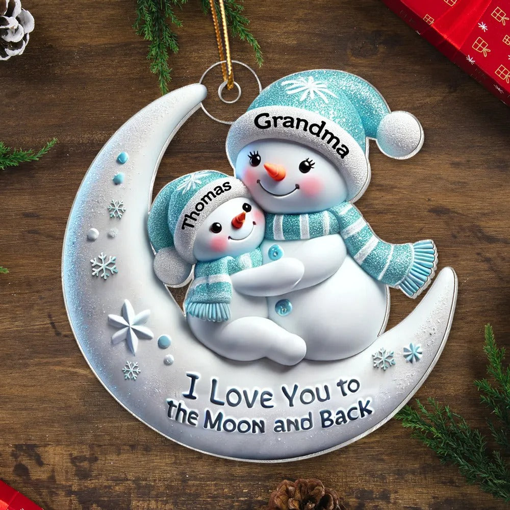 Snowman Grandma & Hugging Grandkid On The Moon Personalized Acrylic Ornament, Christmas Gift For Granddaughter, Grandson Ornament
