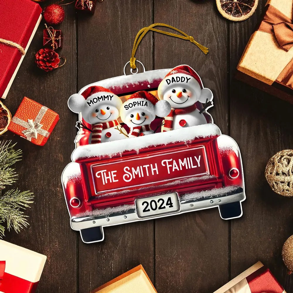 Personalized Snowman Family Acrylic Christmas Ornament, Red Truck Custom Name Ornament