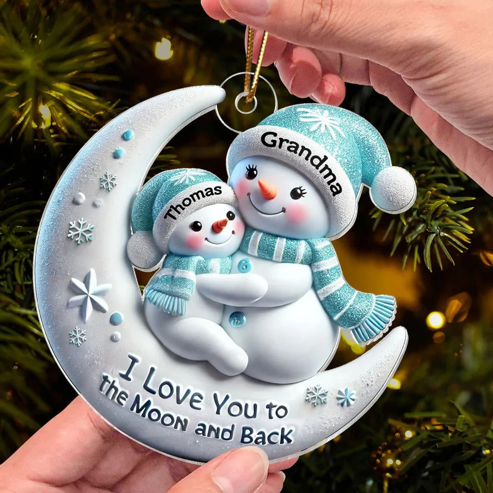 Snowman Grandma & Hugging Grandkid On The Moon Personalized Acrylic Ornament, Christmas Gift For Granddaughter, Grandson Ornament