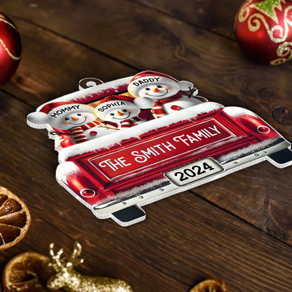 Personalized Snowman Family Acrylic Christmas Ornament, Red Truck Custom Name Ornament