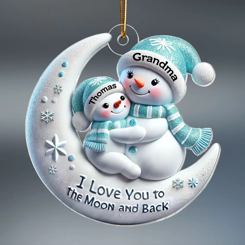Snowman Grandma & Hugging Grandkid On The Moon Personalized Acrylic Ornament, Christmas Gift For Granddaughter, Grandson Ornament