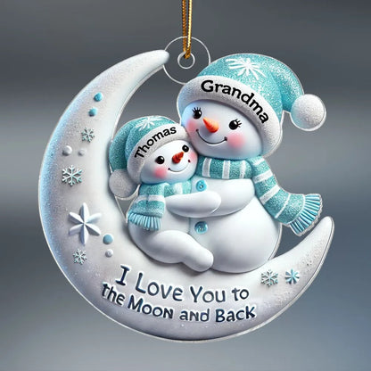Snowman Grandma & Hugging Grandkid On The Moon Personalized Acrylic Ornament, Christmas Gift For Granddaughter, Grandson Ornament