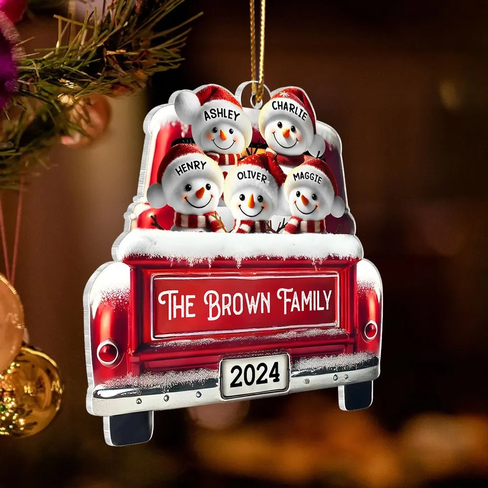 Personalized Snowman Family Acrylic Christmas Ornament, Red Truck Custom Name Ornament