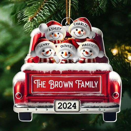 Personalized Snowman Family Acrylic Christmas Ornament, Red Truck Custom Name Ornament