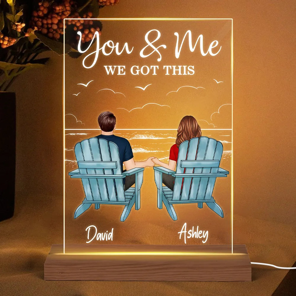 Personalized Couple LED Light Plaque with Back-View Beach Scene, Custom You & Me Romantic Gift for Anniversary or Birthday