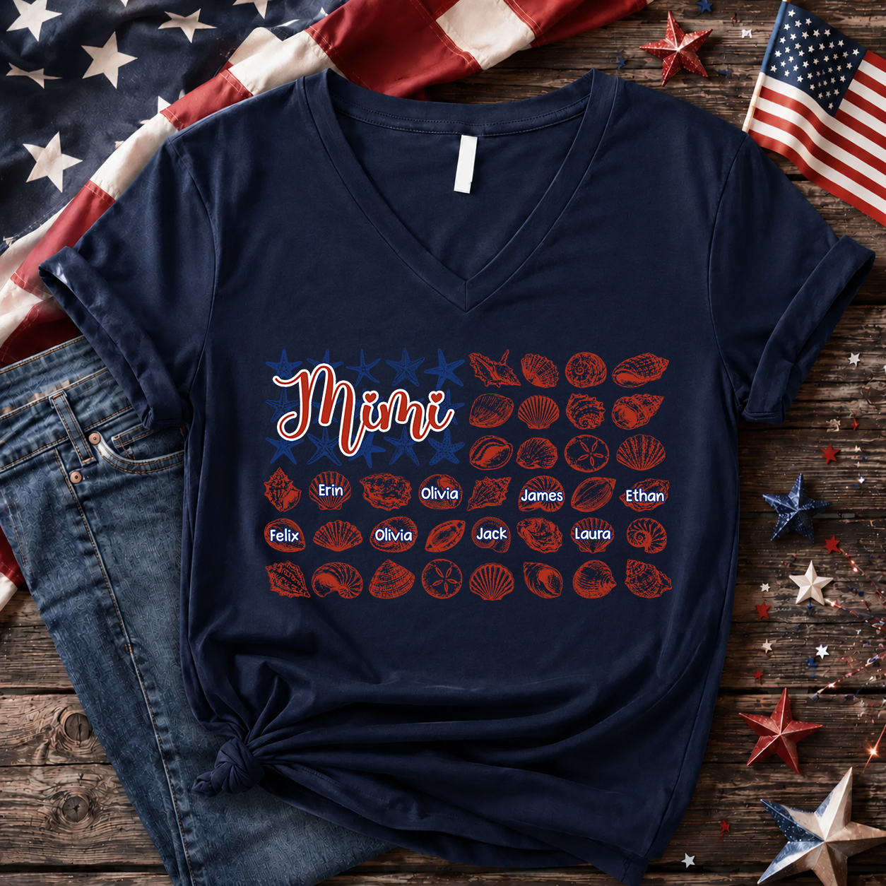 Mimi Shell Collection Shirt, Personalized Grandma T-Shirt with Grandkids Names, Coastal Summer Gift for Mimi V-Neck
