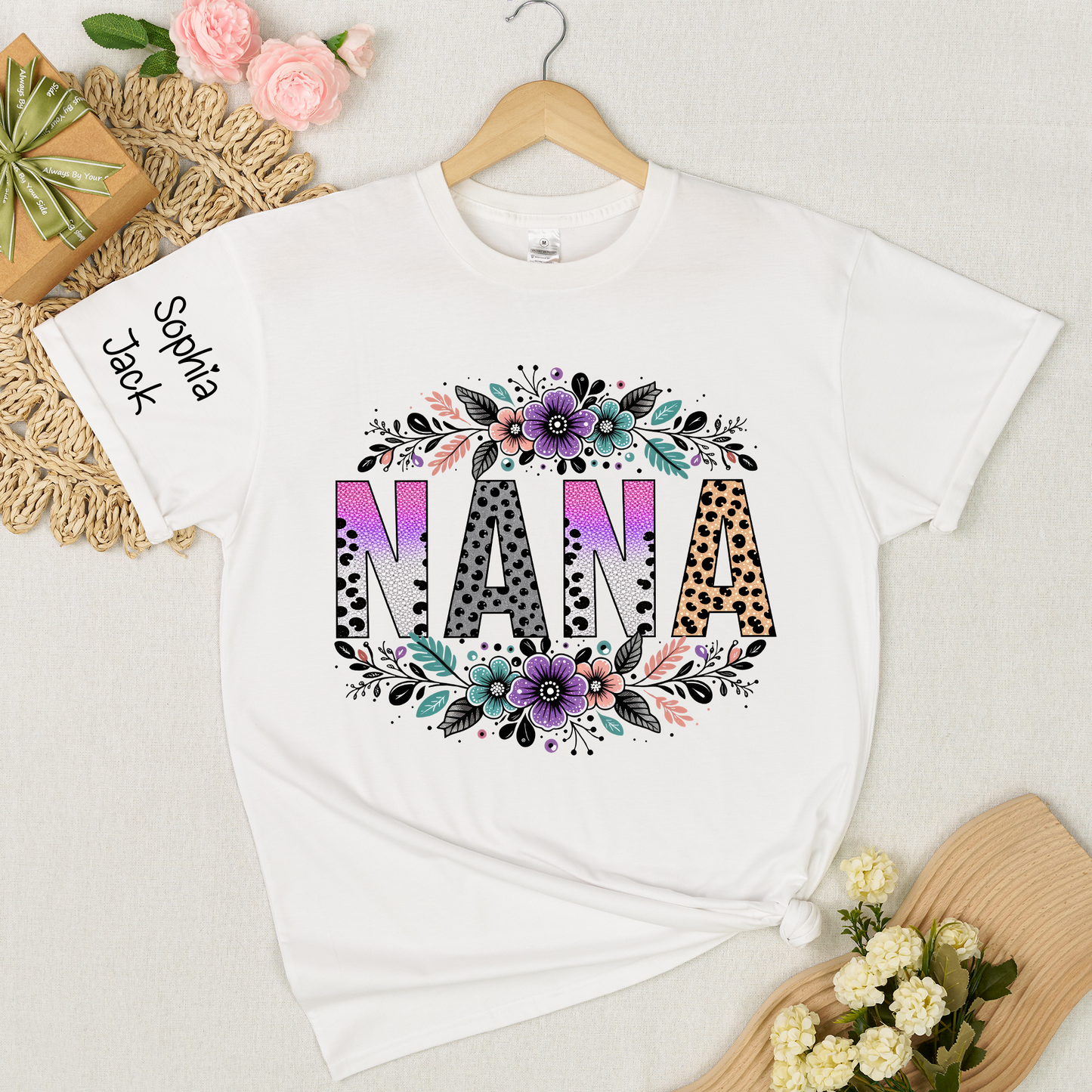 Personalized Floral Name Shirt - Custom Nickname with Floral Pattern for Nana, Mimi, Grandma, Gigi - Family Love Casual Tee