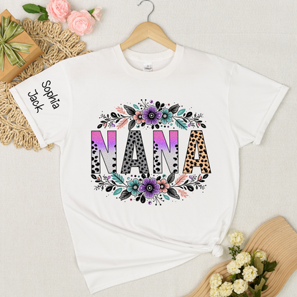Personalized Floral Name Shirt - Custom Nickname with Floral Pattern for Nana, Mimi, Grandma, Gigi - Family Love Casual Tee