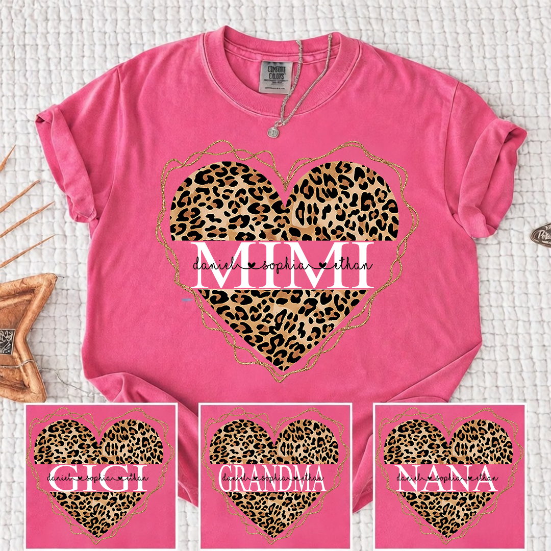 Comfort Colors Personalized Mimi Shirt Leopard Heart Design Custom Grandma Nana Gigi Name Tee with Grandkids Names Trendy Family Outfit for Women