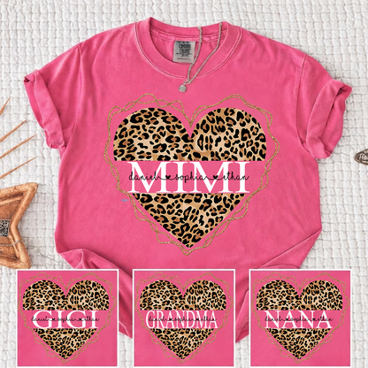 Comfort Colors Personalized Mimi Shirt Leopard Heart Design Custom Grandma Nana Gigi Name Tee with Grandkids Names Trendy Family Outfit for Women