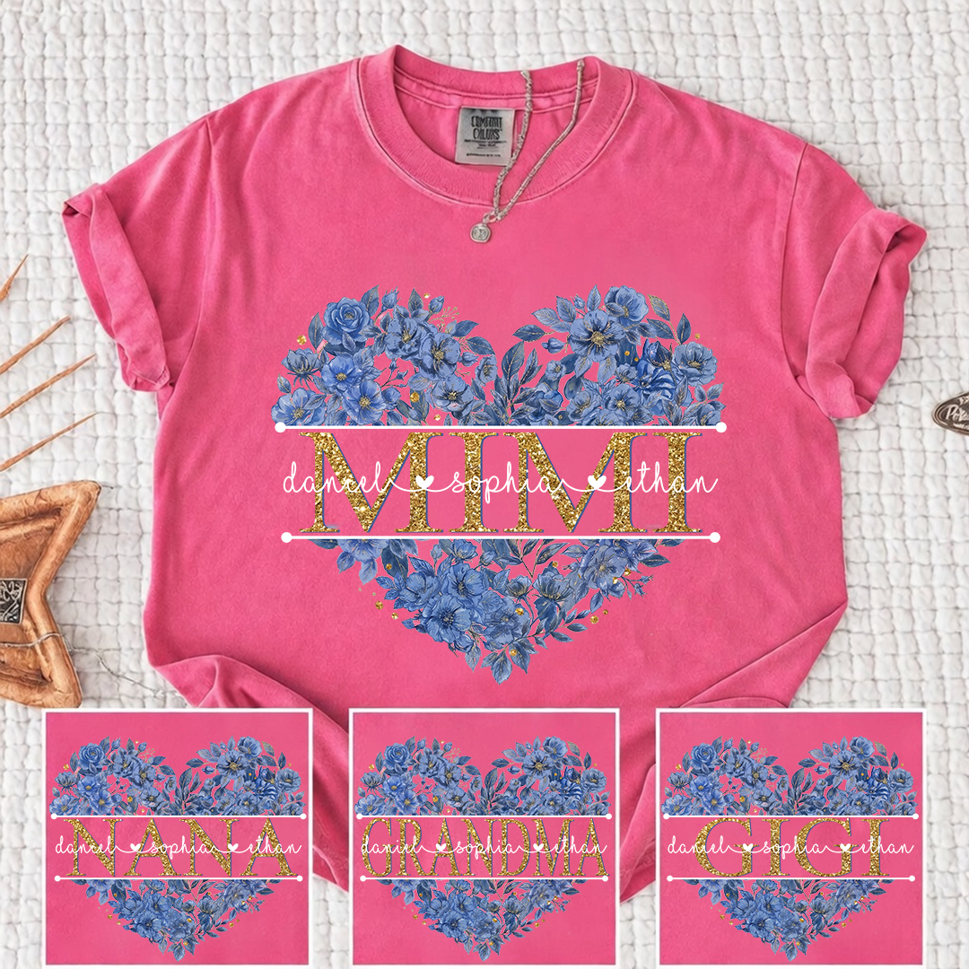 Comfort Personalized Mimi Shirt Blue Floral Heart Design Custom Grandma Nana Gigi Name Tee with Grandkids Names Elegant Family Outfit Gift for Her