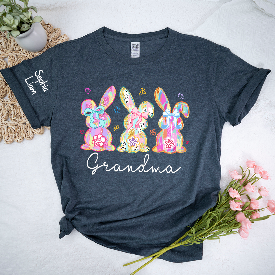 Personalized Grandma Bunny Shirt With Kids Names, Colorful Easter Rabbit Graphic Tee, Custom Family Spring Shirt for Grandma Mimi Nana Gigi